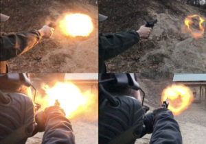 Time-lapse photos of the muzzle blast from a snub-nosed revolver being fired at an outdoor range