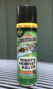 20 oz. can of Spectracide brand Wasp and Hornet Killer pesticide spray in a green can with a yellow band and black cap. The label features a large wasp graphic.