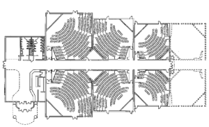A seating chart typical of the modern multi-plex cinema. It could be a death trap in an active shooter situation, with danger from both the perpetrator and potential friendly fire from armed citizens and police.