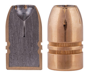 A jacketed 10mm hollow-point bullet showing both the outer copper jacket and a cutaway of the lead, hollow-pointed core.